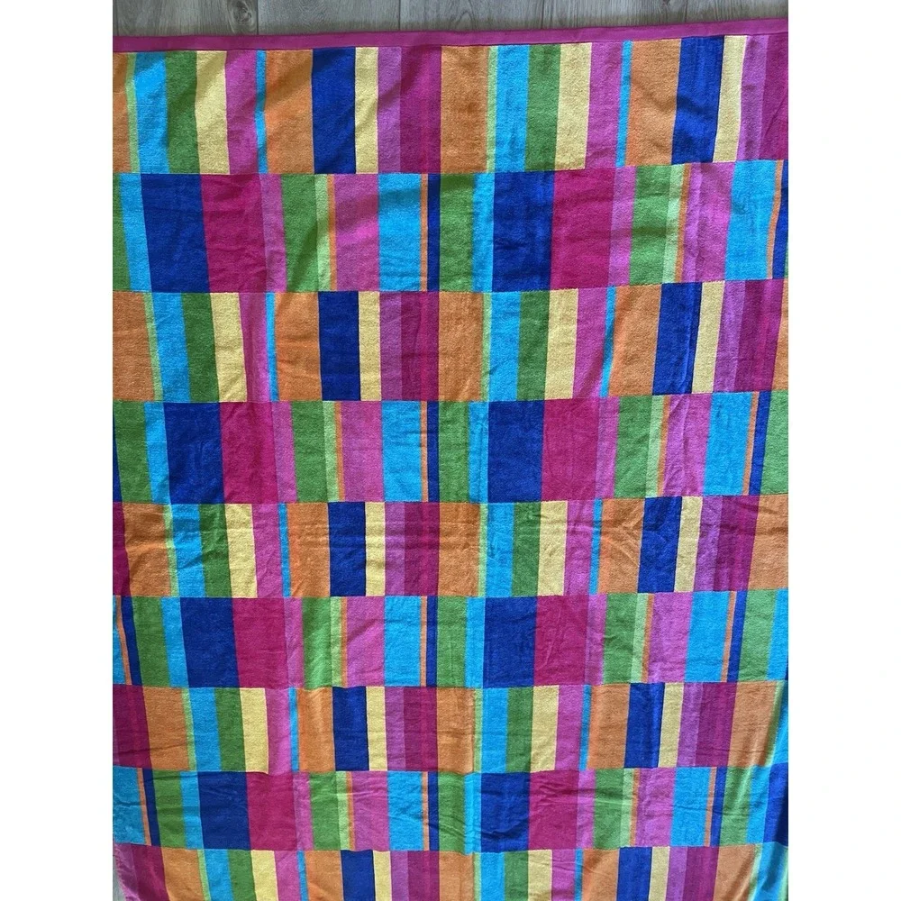 Vintage New Velour Cotton Bright‎ Multi Color Block XLarge Beach Towel 58x70